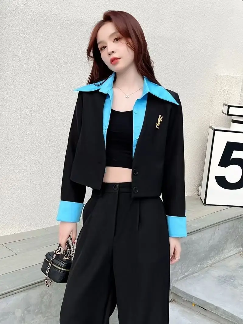 Korean Patchwork Long Sleeved Jacket Coat Casual Wide Legged Pants Two-piece Elegant Women's Pants Set Office Summer Outfits