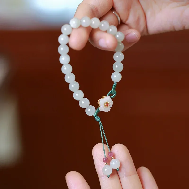 

Natural Jade Bracelet For Women 8mm White Jade Beads A Grade Small Flower Jewelry Lucky Bracelet 16-17cmL For Women's Link
