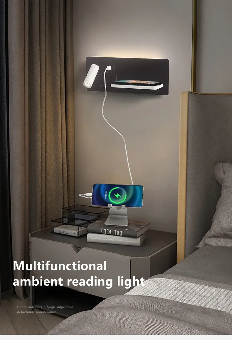 Applique Da Parete Con USB - Lampada Da Letto Moderna In Tessuto Con Presa Di Ricarica - Foto 6