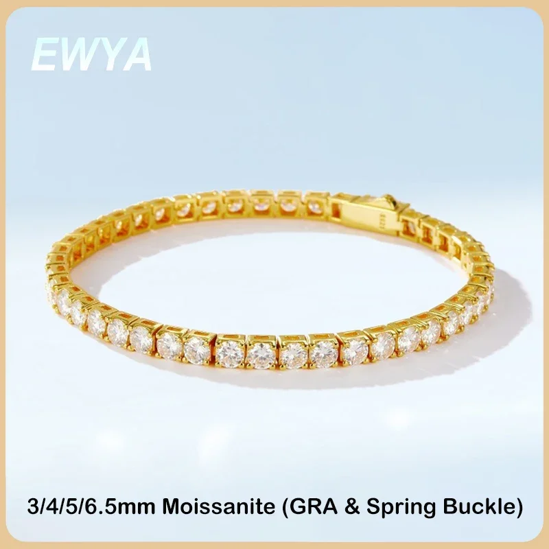 

EWYA Sparkling 3/4/5/6.5MM Full Moissanite Tennis Bracelet for Women Men S925 Silver Plated 18K Diamond Spring Buckle Bracelets