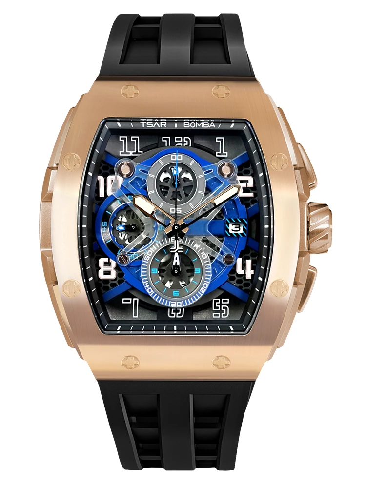 Tsar bomba-高級メンズ腕時計,トノー時計,ラバーストラップ,クロノ
