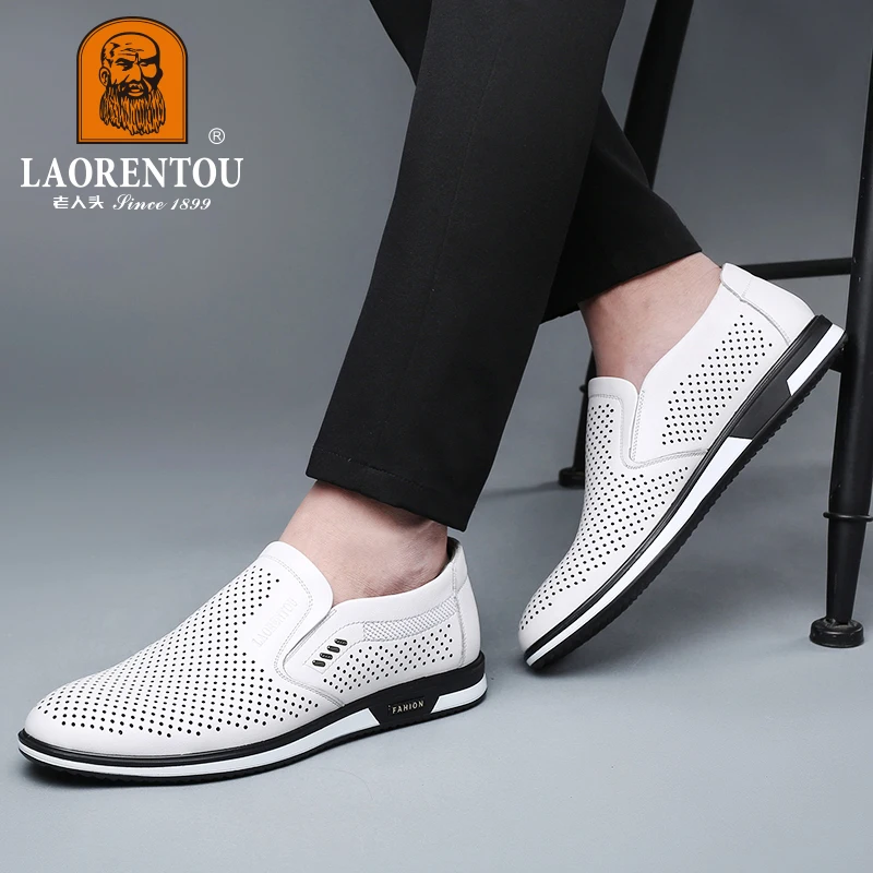 LAORENTOU summer 2024 New White Leather Shoes Hollow Breathable Genuine Leather Casual Men's Shoes Small White Shoes 95268 4