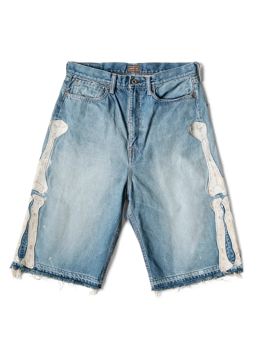 Japan KAPITAL Hirata and Hiroshi Loose Casual Pants Embroidered Bone Wash Water Distressed Raw Hem Denim Shorts for Men