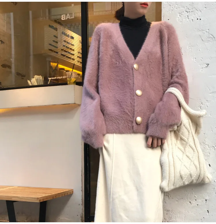 Mink fleece coat 2021 New fall short slouchy style Net Red cardigan v-neck loose top for women turtleneck sweater Sweaters