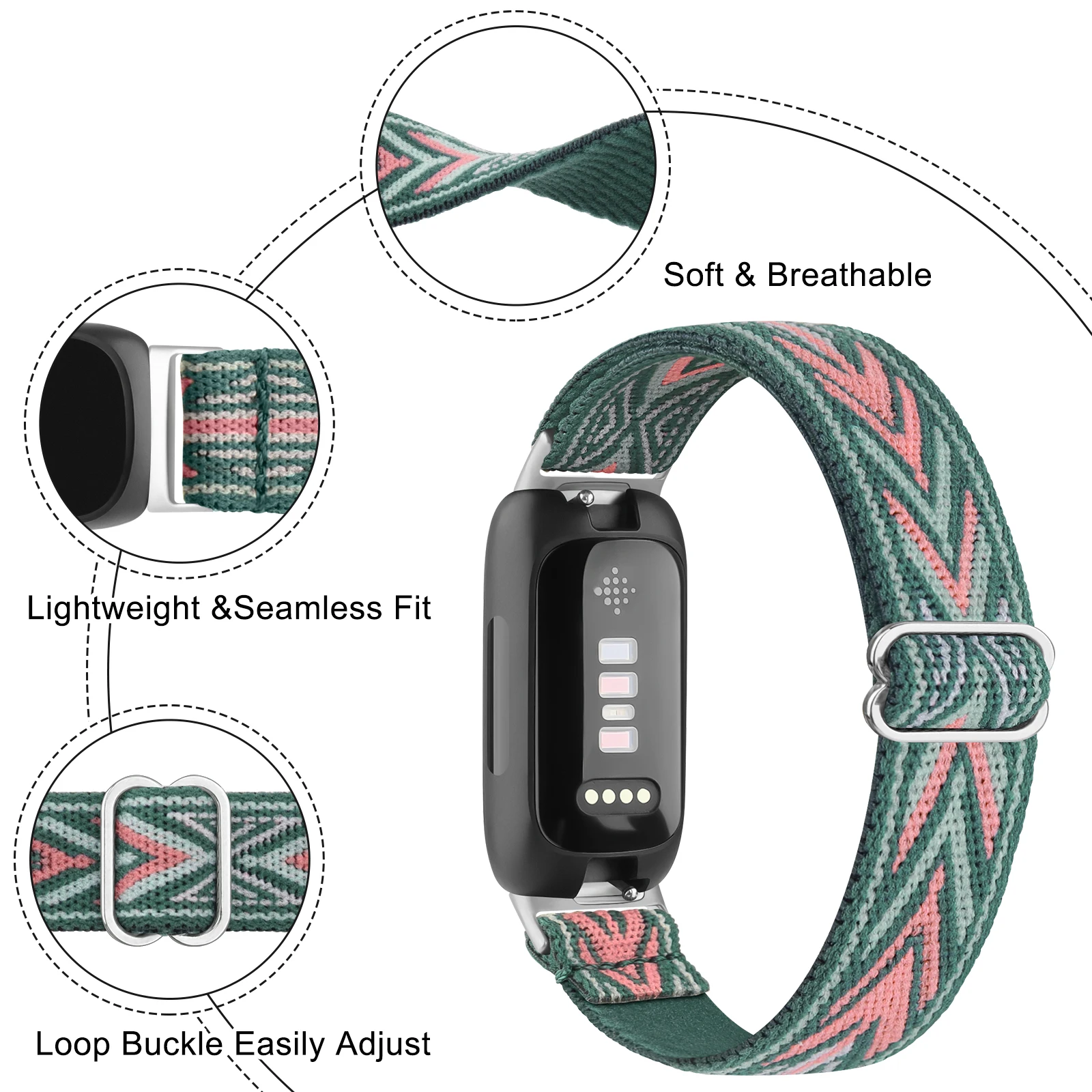 Adjustable Elastic Nylon Strap Bracelet Replacement for Fitbit Inspire and Ace Series