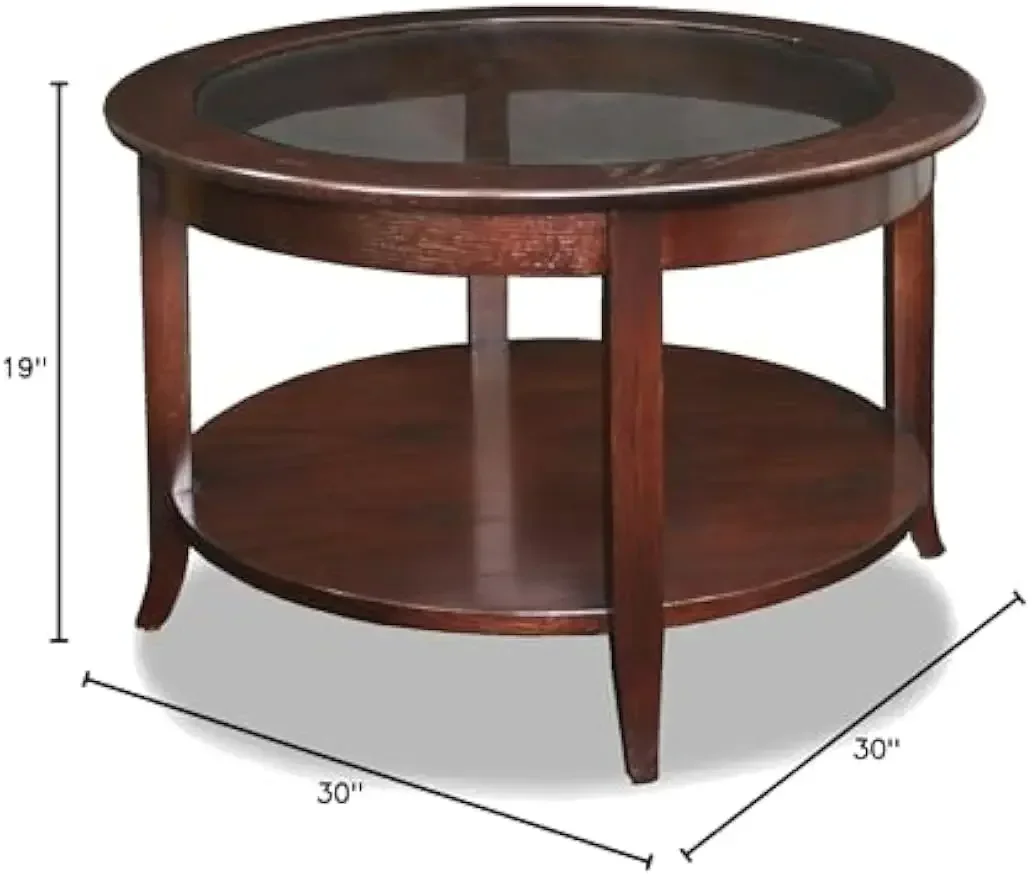 Round Glass Top Coffee Table with Shelf, Chocolate Oak, 30 inches 3