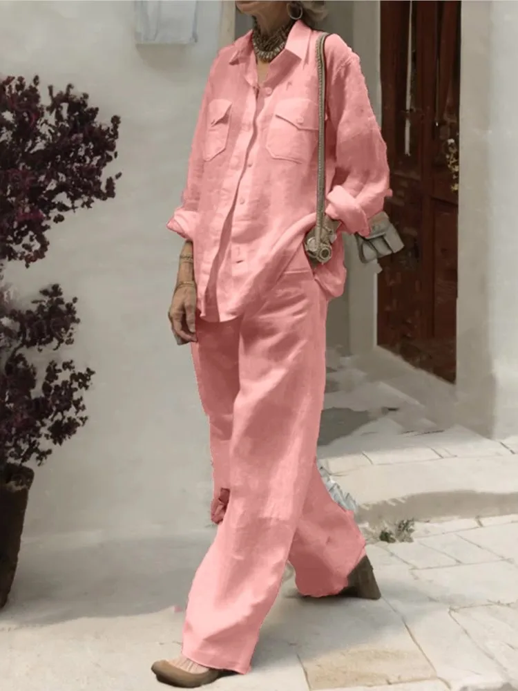 Spring Autumn Fashion Loose Long Pants Sets 2024 Women's Lapel Cotton Linen Solid Pocket Shirt Wide Leg Pants Two Piece Sets