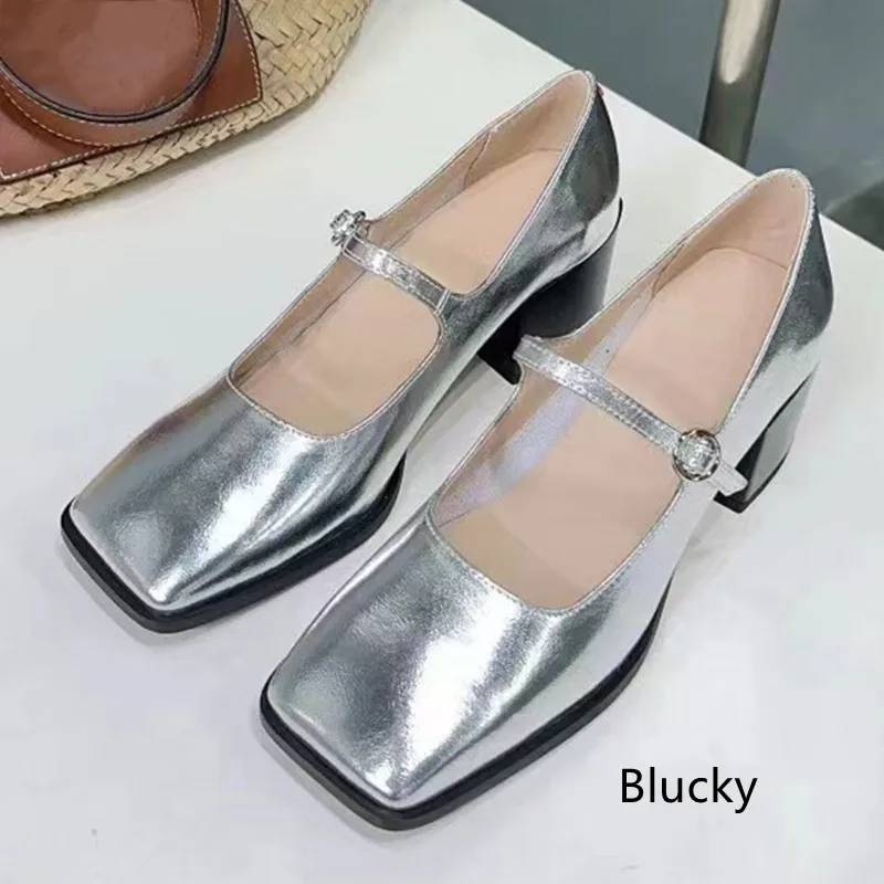 

Women's new high heels, genuine leather, solid color, high-quality square toe thick heels, top quality