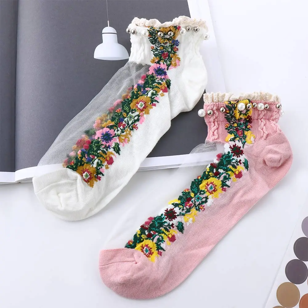 Fashion Elastic Socks Crystal Glass Silk Ultrathin Lace Literary Sale 1 Pair Summer Transparent Jacquard Short Socks