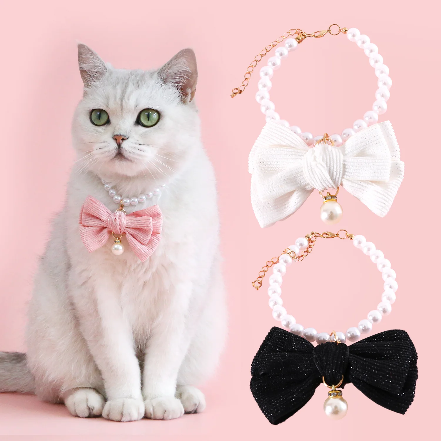 Fashionable Pearl Diamond Dog Collar Necklace Elegant Bow Princess Style Pet Collar Velvet Bow Tie Pendant