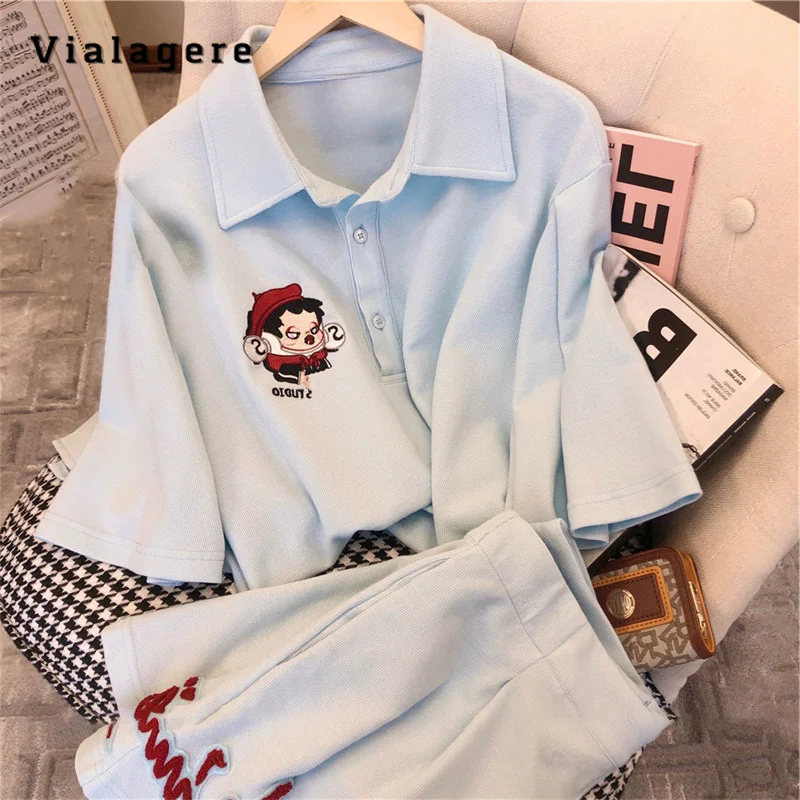

2023 Summer Fashion Causal Blue Two-piece Set Women Turn-down Collar Top + Elastic Waist Letter Print Shorts Solid Shorts Set