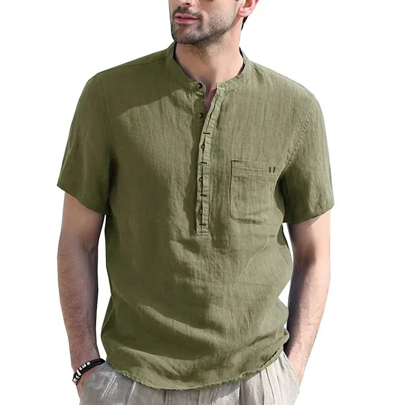 Henry T Shirts Summer Casual Solid Linen Short Sleeve Men's Tshirt