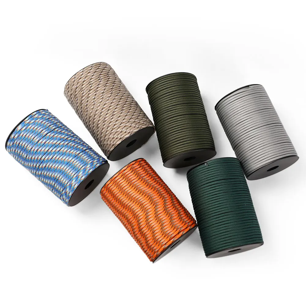 A 328 foot nine strand umbrella rope rolled up 100 meters in various colors, suitable for setting up tents, drying clothes, stor