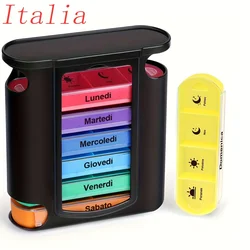 Italian - Printed Weekly Pill Organizer with 7 Stackable Daily Compartments (Black)
