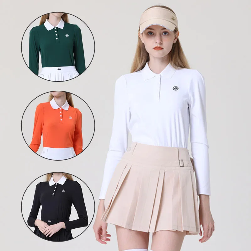

Azureway Women Full Sleeve Slim Golf T-shirt Lady Button Lapel Sports Shirt Elastic Breathable Golf Tops College Style Clothing