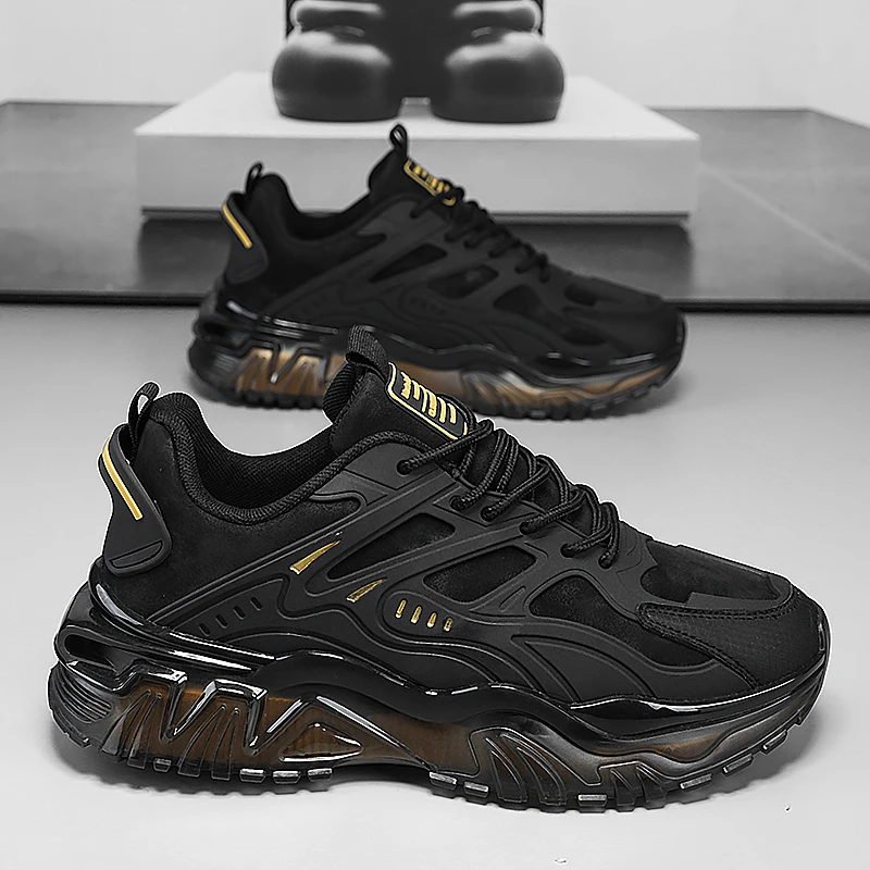 Men's High-Top Running Shoes - Breathable Synthetic Upper, Comfortable Cushioning and Durable Rubber Sole, Suitable for Year-Round Training, Fitness, Jogging - Black with Gold Accents, Sneakers, Streamlined Athletic Design, Lining Fabric