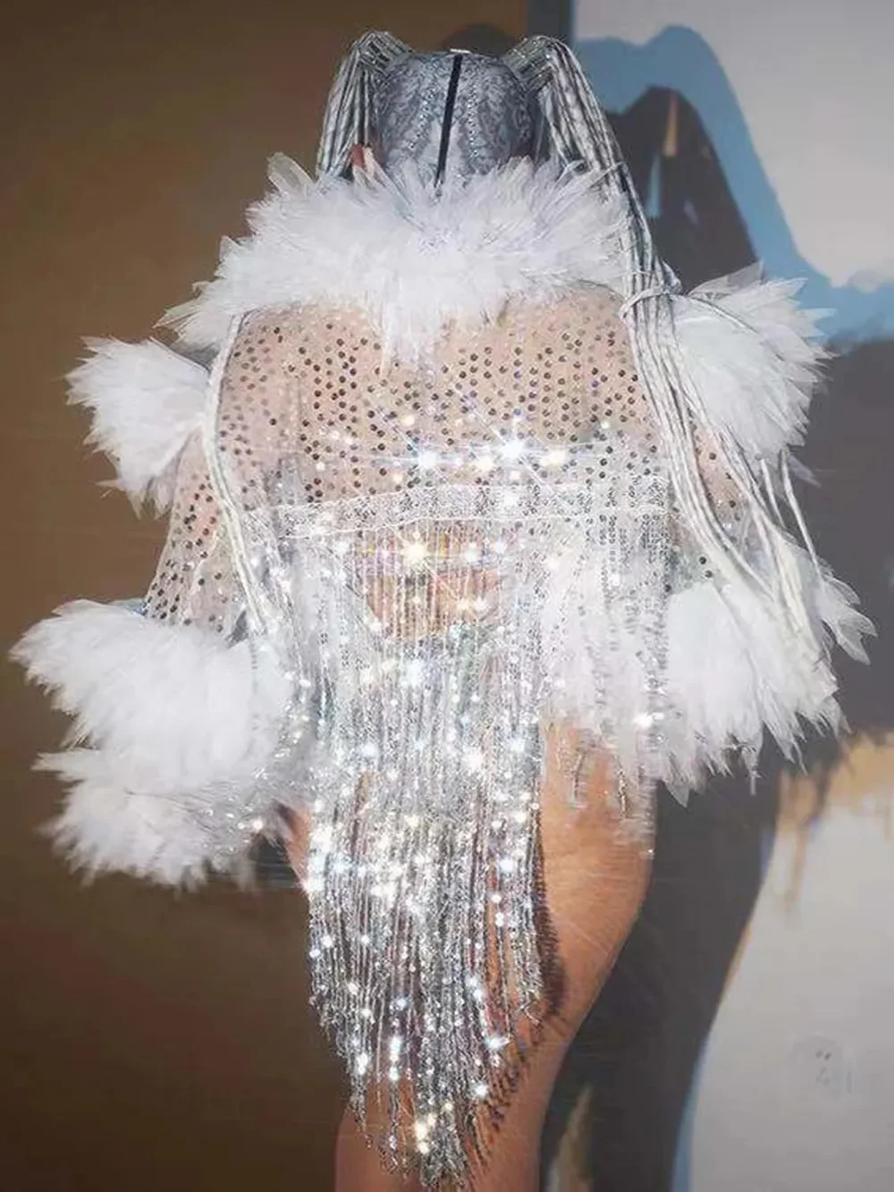 Shining Singer Costume Silver Sequin Fringed Bikini Luxury Fluffy Robe Birthday Outfits For Women Evening Party Stage Clothes