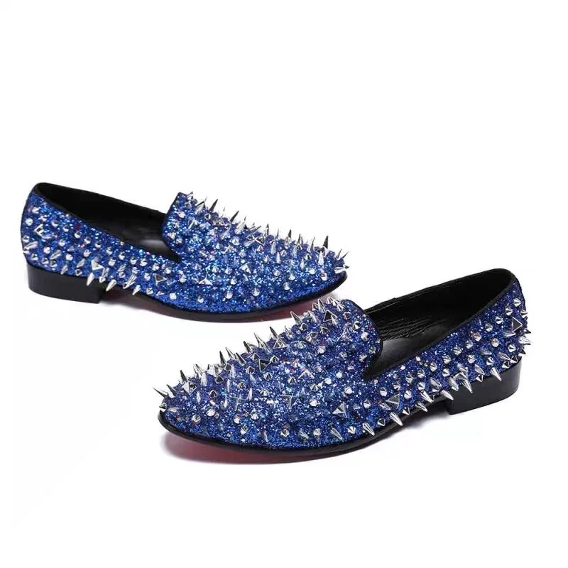 Fashion Blue Bling Spikes Loafers Shoes For Men Luxury Handmade