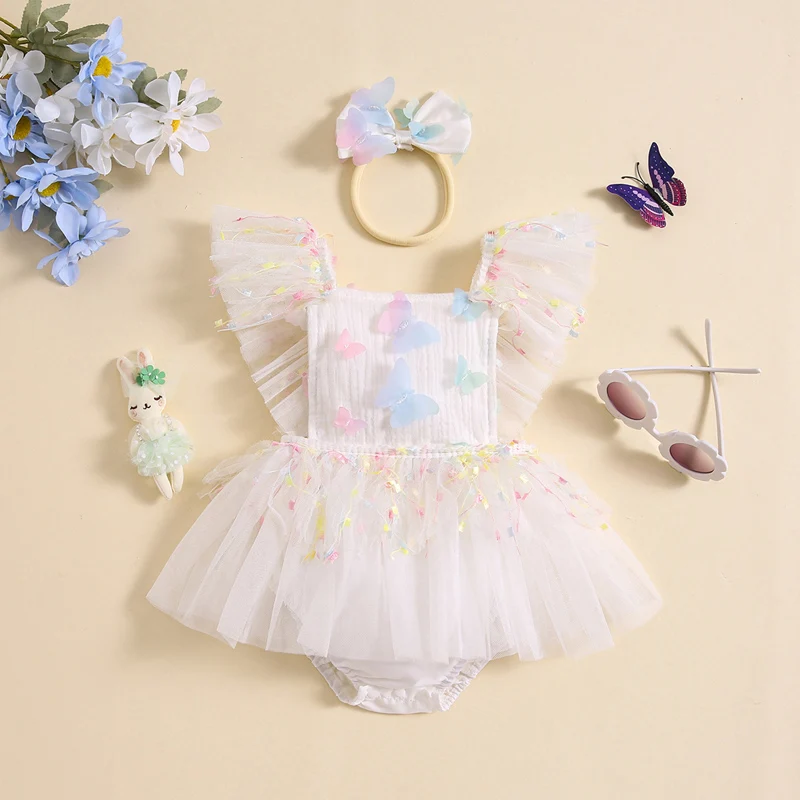 

VISgogo Newborn Baby Girl Rompers Outfit Fly Sleeve Butterfly Mesh Tulle Romper Dress with Bow Headband 2Pcs Summer Clothes