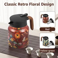 Théière vintage à motif floral, 33,82 oz, en acier inoxydable isolé sous vide, avec infuseur amovible et poignée en bois pour 1