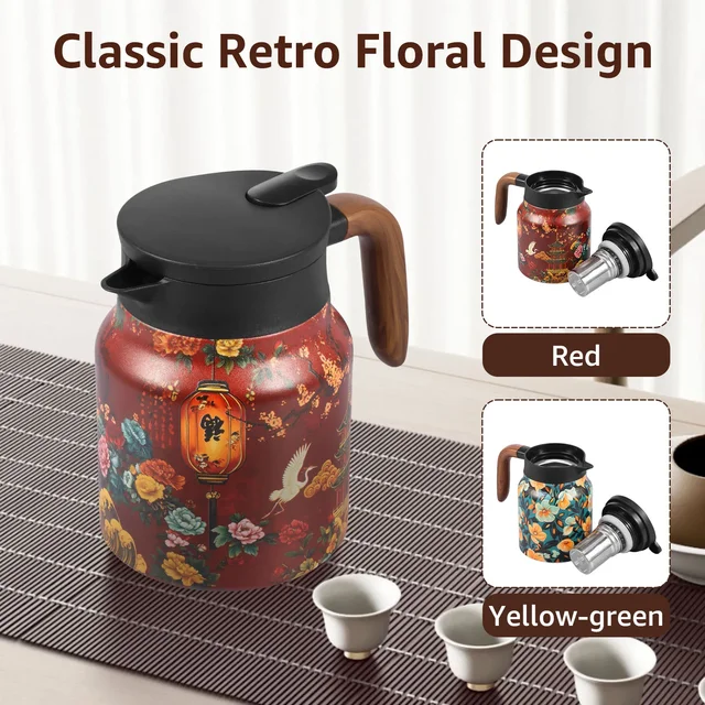 Théière vintage à motif floral, 33,82 oz, en acier inoxydable isolé sous vide, avec infuseur amovible et poignée en bois pour 1