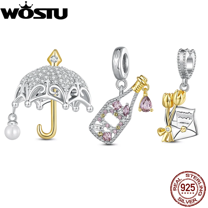 

WOSTU Romantic French champagne Charms Umbrella Pendant 925 Sterling Silver 18K Gold Two-Tone Beads Fit DIY Bracelet Necklaces