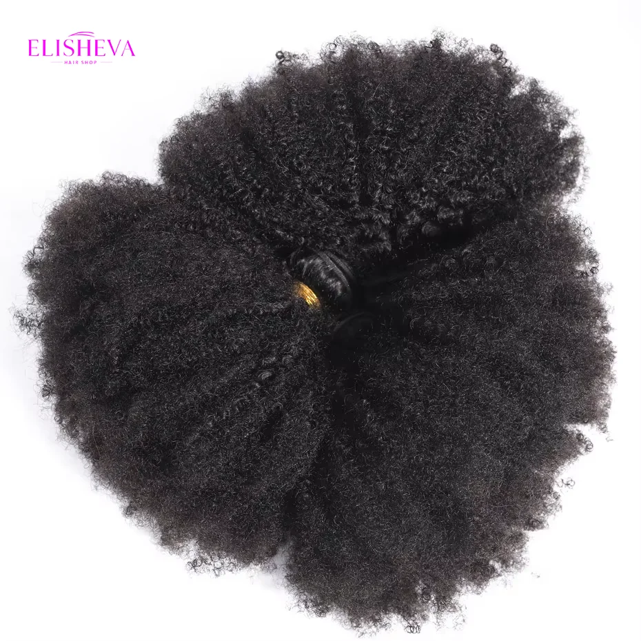 ELISHEVA Extension di Capelli Umani Indiani Grezzi, Confezione da 1/3/4 Fasci, Afro Kinky Curly, Nero Naturale/Nero Intenso, Remy Ondulati