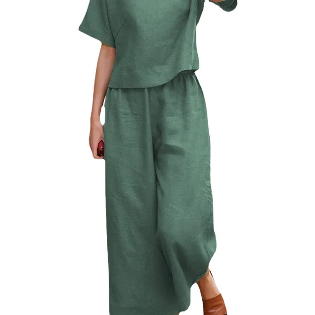 2025 Summer New Women's Fashion Cotton Linen Suit Short Sleeves 2-Piece Set European American Line Color Cross-Border Trade 5