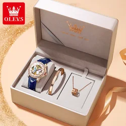 OLEVS Luxury Hollow Mechanical Watches for Women Blue Leather Strap Waterproof Automatic Skeleton Women Wristwatches Gift Set