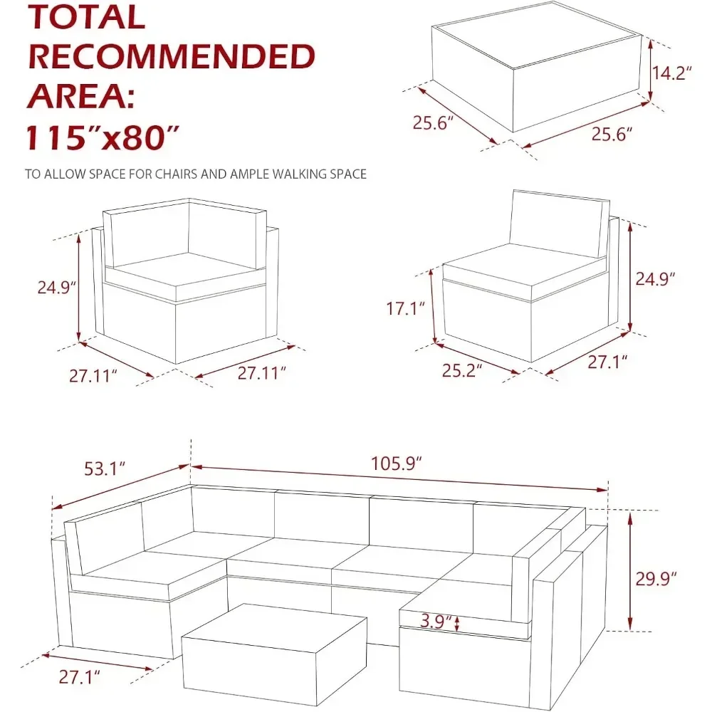 7 Piece Outdoor Patio Furniture Set, Outdoor Sectional Conversation Furniture Chair with Coffee Table 3