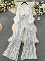 Ele Long Sve Sequin Wide Leg Pants  Suit Women's Design Sense Fake Two-Piece irt And Pants Ensemble - Image 2