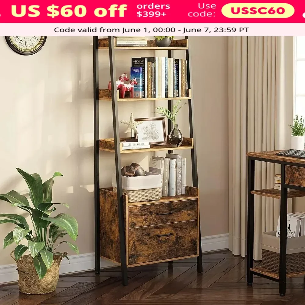 Bookshelf with Drawers, 4 Tier Ladder Bookshelf, Industrial Bookcases, Display Plant Shelves with Metal Frame, Bookcase