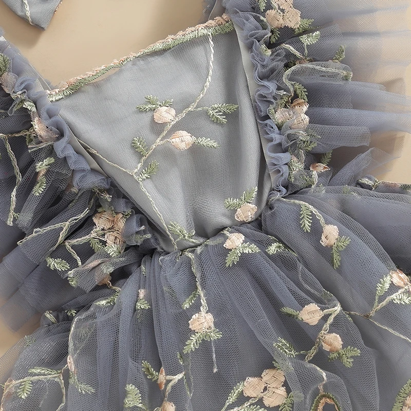 Pudcoco Baby Baby Stram pler Kleid Fliegen ärmel Vierkant Blumen stickerei Tüll Overall mit Schleife Stirnband 0-24m – Detail 9