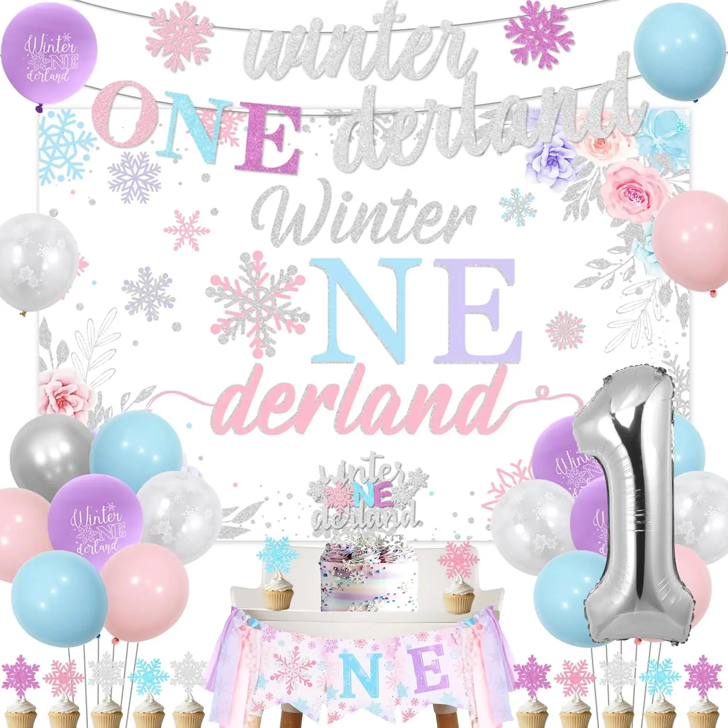 

Winter Onederland 1st Birthday Decor Backdrop Snowflake High Chair Banner Cake Topper Number 1 Balloon Girl First Birthday Party