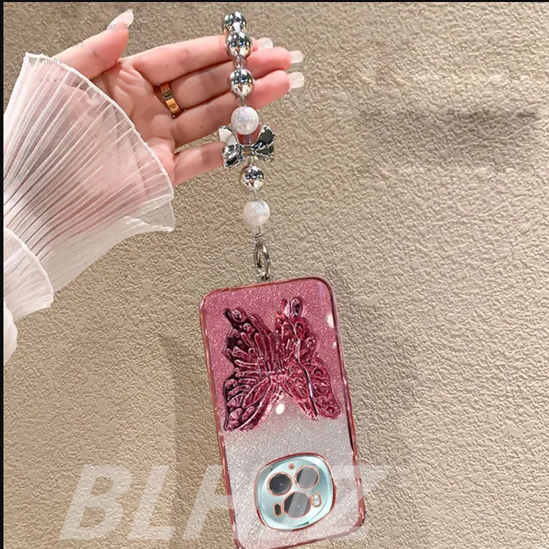 3D Butterfly Glitter Phone Holder Bead Bracelet Case Cover