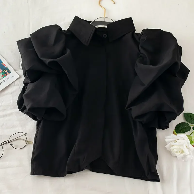 รูปสินค้า เสื้อเชิ้ตทรงโคมไฟ ฤดูร้อน 2026 สีดำ ขาว