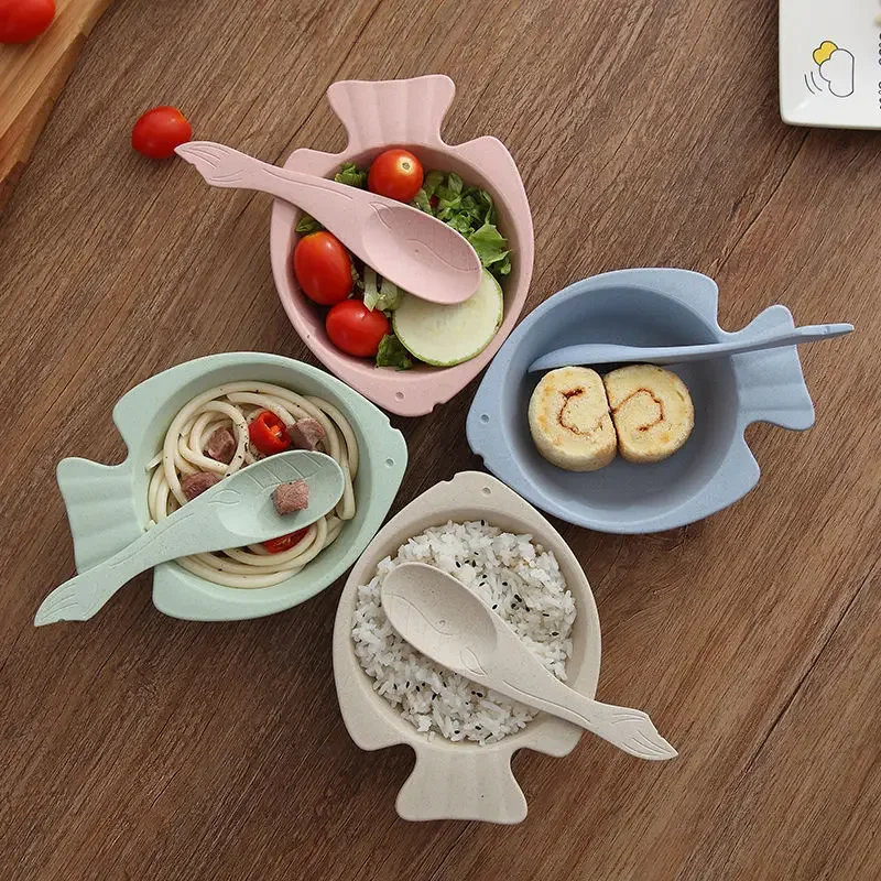 

Набор детской посуды из пшеничной соломы, креативная детская чаша для риса в форме рыбы, ложка, небольшой подарок