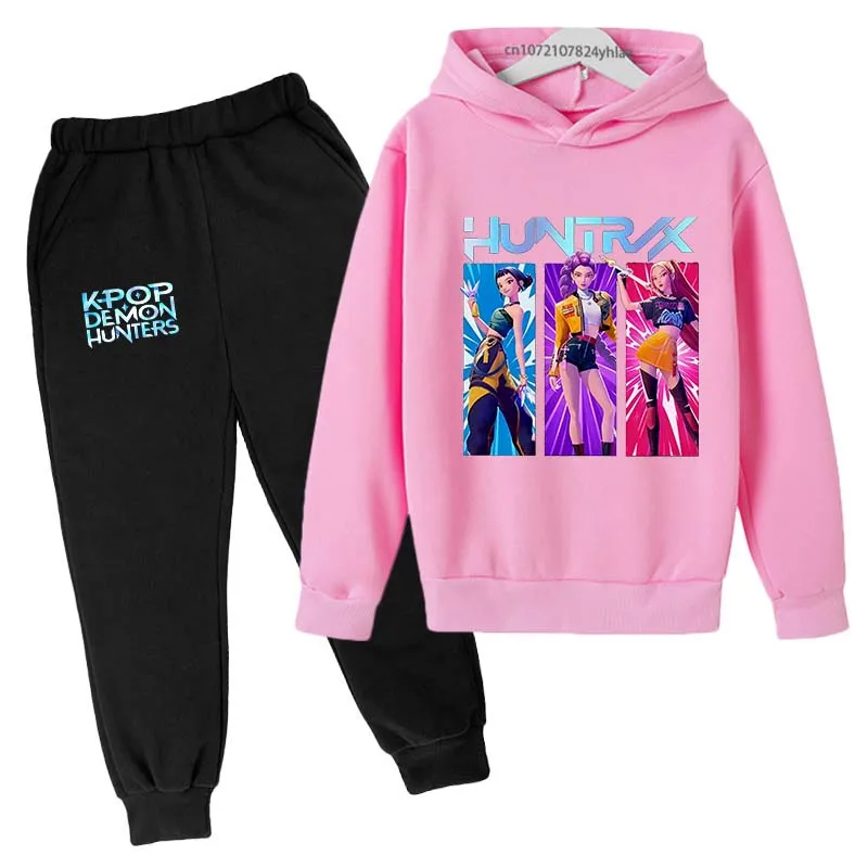 Kpop Demon Hunters Kids Hot Anime Print Spring Autumn Casual 2pcs Hoodie + Pants Tracksuits 2-13Years Girls Fashion Huntrx Clothes