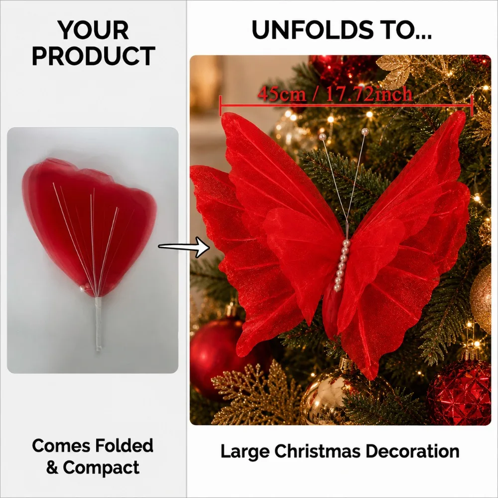 Set of 3 Large 3D Red Butterfly Christmas Decorations - Laser-Sprayed Silk Finish