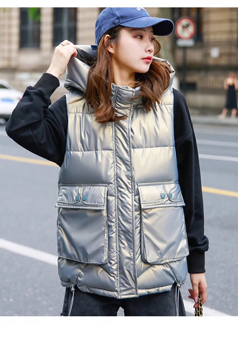 puffer coat with hood 2021 New Autumn Winter Women's Down Cotton Horse Bright Fabric With Hat Girl Fashion Vest Outdoor Coat Leisure Black down coats & jackets
