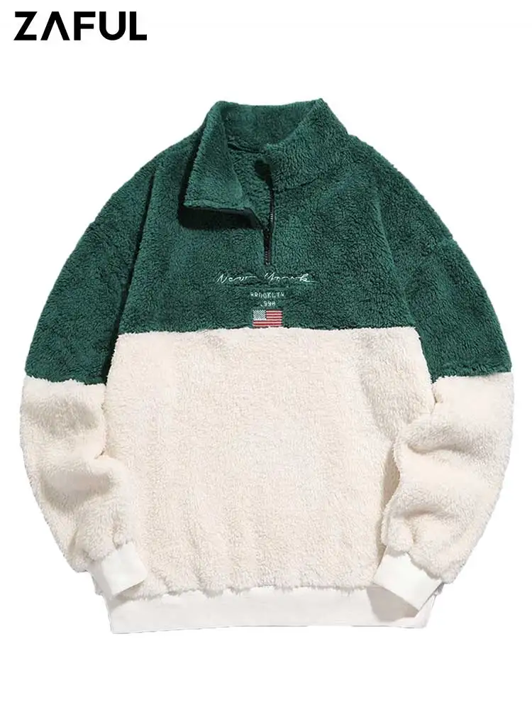 

ZAFUL Fluffy Fuzzy Turtleneck Sweatshirt for Men NEW YORK American Flag Embroidered Hoodie Streetwear Sweats Pullover Z5065552
