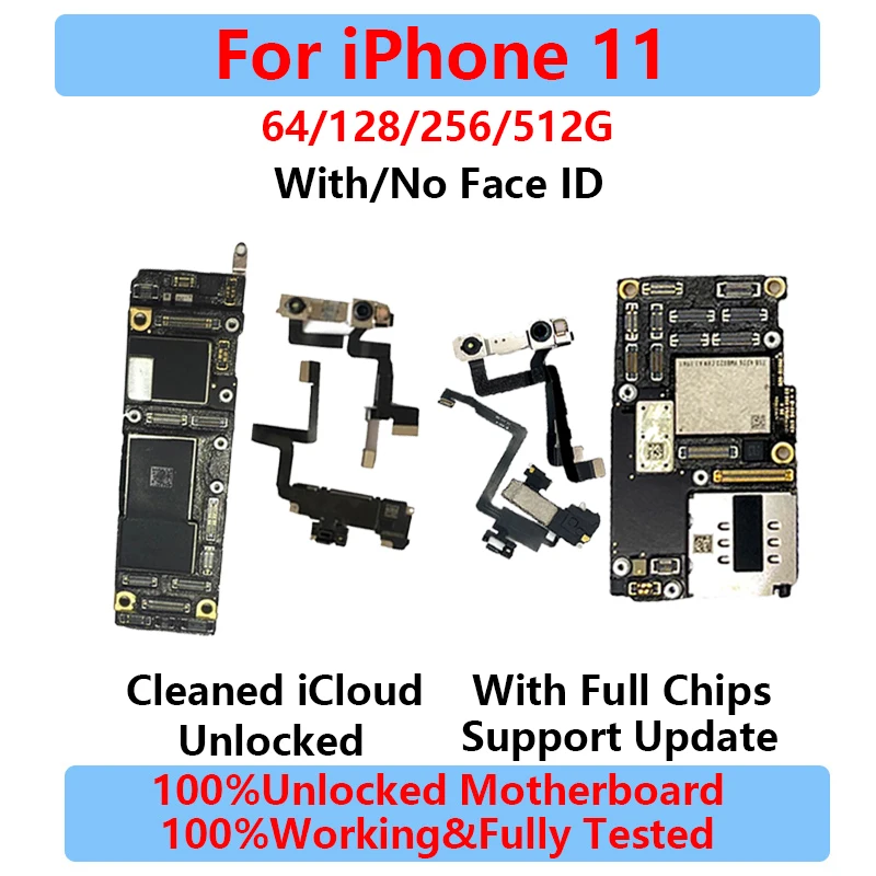 iPhone Motherboard Original Motherboard For iPhone 11 With Face ID For iPhone 11 Pro Logic Board Unlocked Mainboard Cleaned iCloud