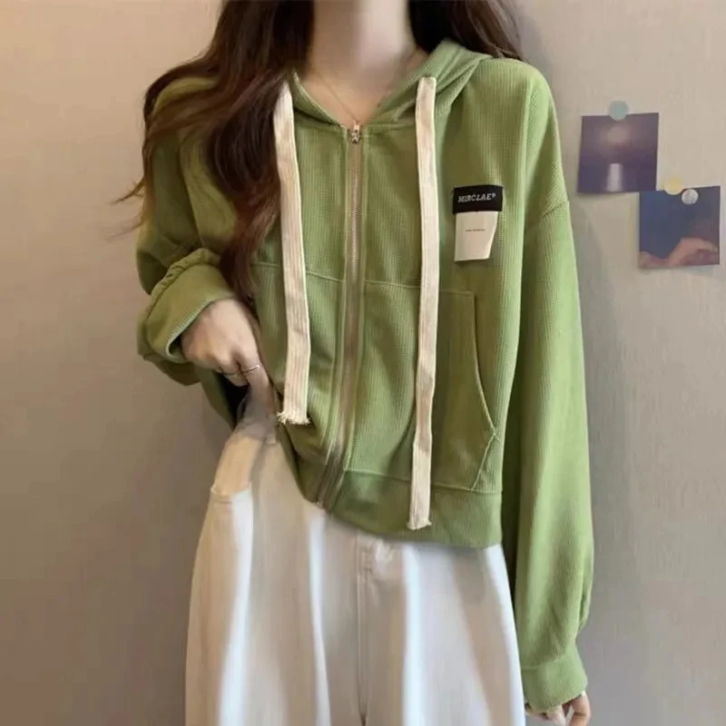 Yasuk Spring Autumn Casual T-Shirts Women's Loose Zipper Cardigan Sporty Solid Simple Versatile Drawstring Hoodie