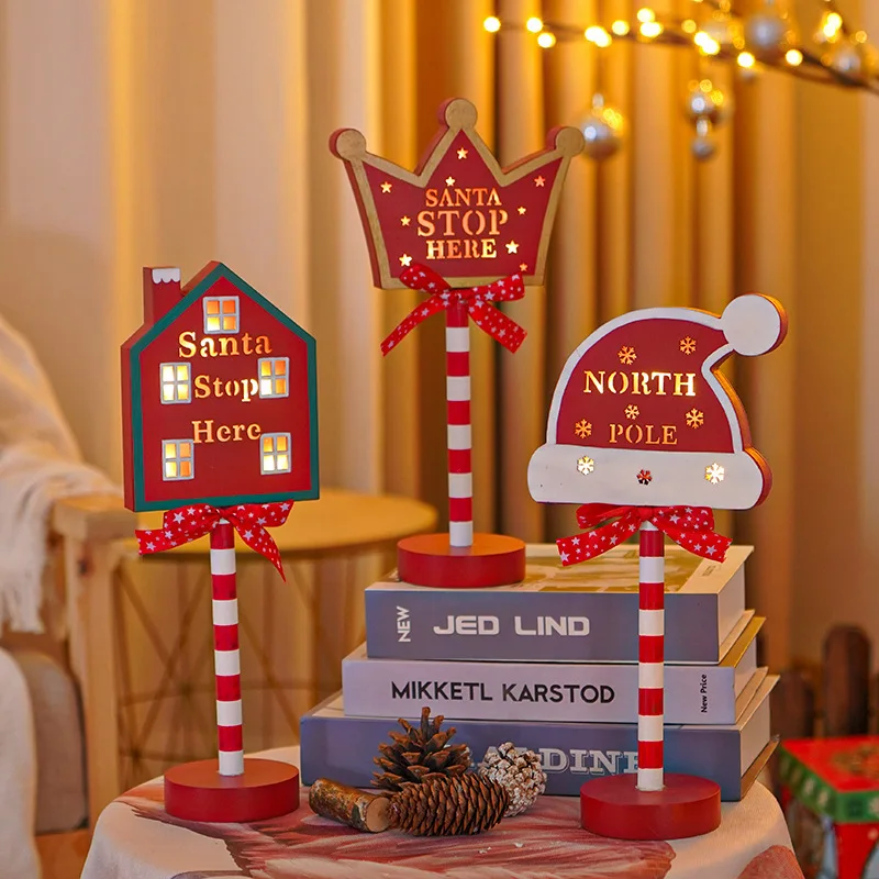 Wooden Christmas LED Lamp Santa Stop Here Sign