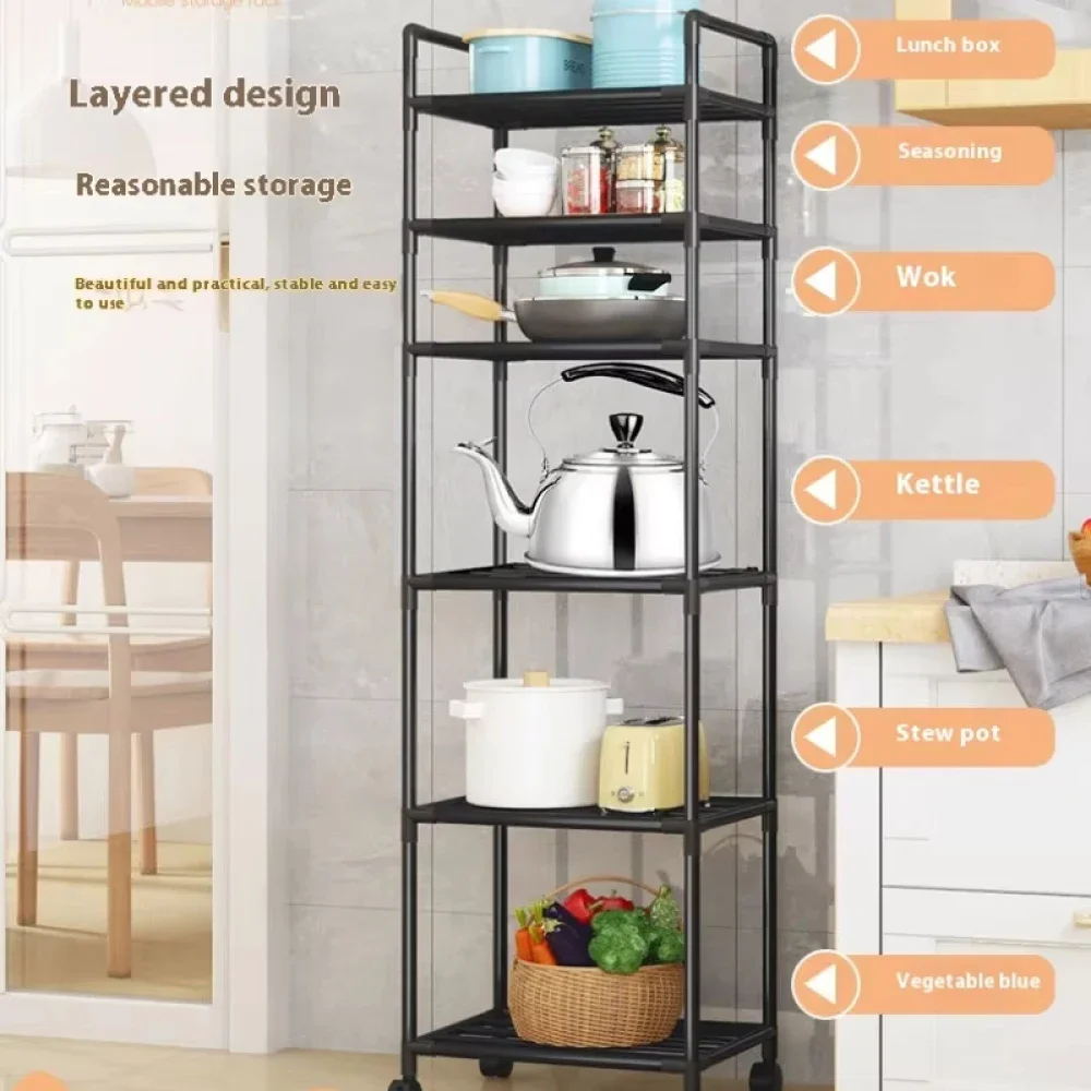 6 Layer Floor Standing Kitchen Storage Shelf With Pulley Kitchen Household Shelf Multi-functional Bathroom Microwave Rack