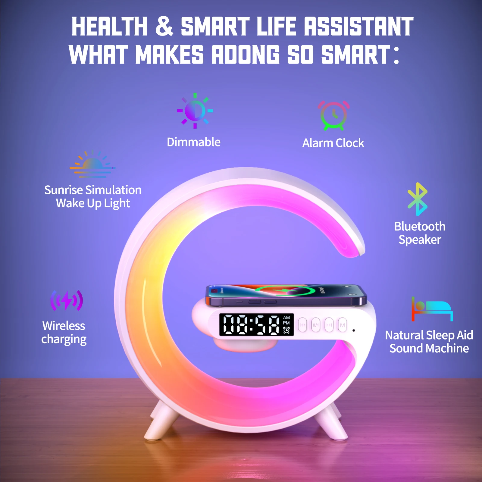 LED 스마트 웨이크 업 라이트 RGB 야간 조명, 무선 스피커 포함, 15W 무선 충전식 책상 램프, 침실 침대 옆 게임 룸용