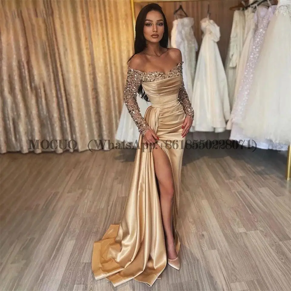 

Glitter Champagne Mermaid Evening Dresses Sparkly Off Shoulder Pleated Prom Dress Sexy High Side Slit Bride Party Gowns