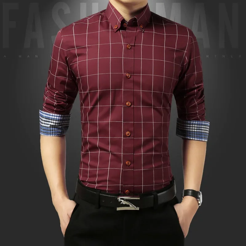 

New Korean version shirt Men's slim fitting business casual work plaid shirt Men's long sleeved fashionable shirt