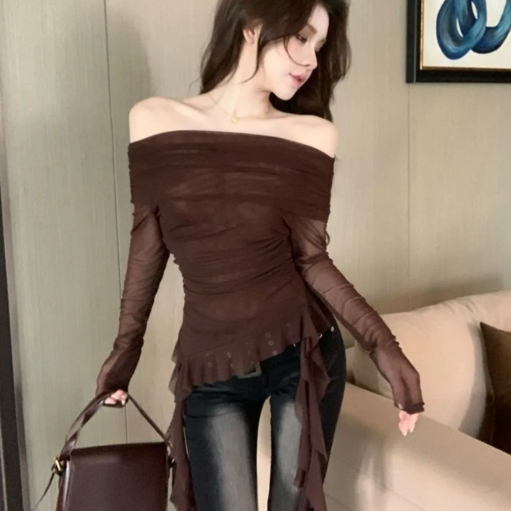 Streetwear Jellyfish Mesh Belt T-Shirt Korean Y2K Ins Elf Long Sleeve Slim Fit Crop Tops Transparent Unusual