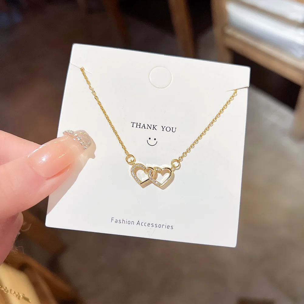Romantic Gold Color Zircon Double Heart Necklaces for Women
